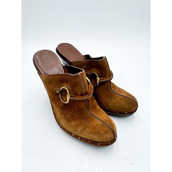Gucci Horsebit Heeled Suede Clogs Size 7 - Picture 1 of 7